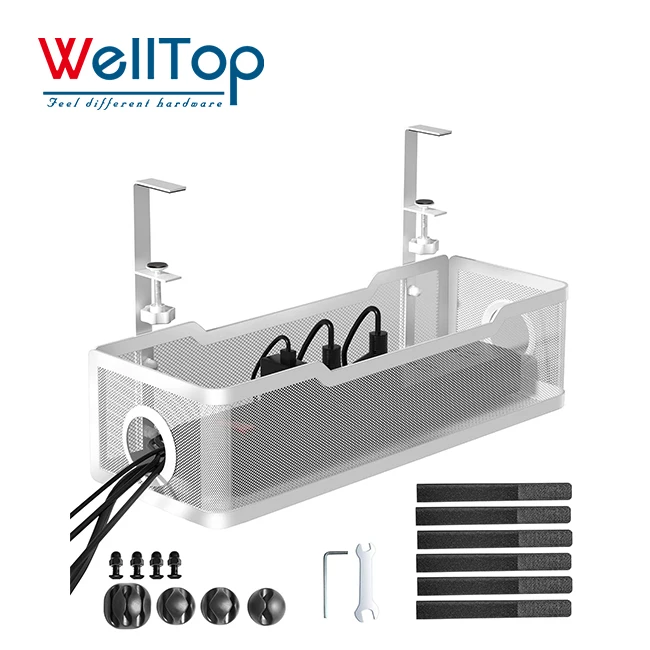 WELLTOP Hot Sale Adjustable Under Desk Cable Management Tray Metal Mesh Organizer for Power Strips Cables Adapte