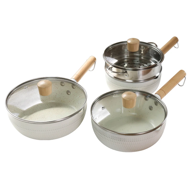 Hot Sale Stainless Steel Kitchen Steamer Boiling Baby Pot Grill Milk Pot Nonstick Cookware With Wooden Handle