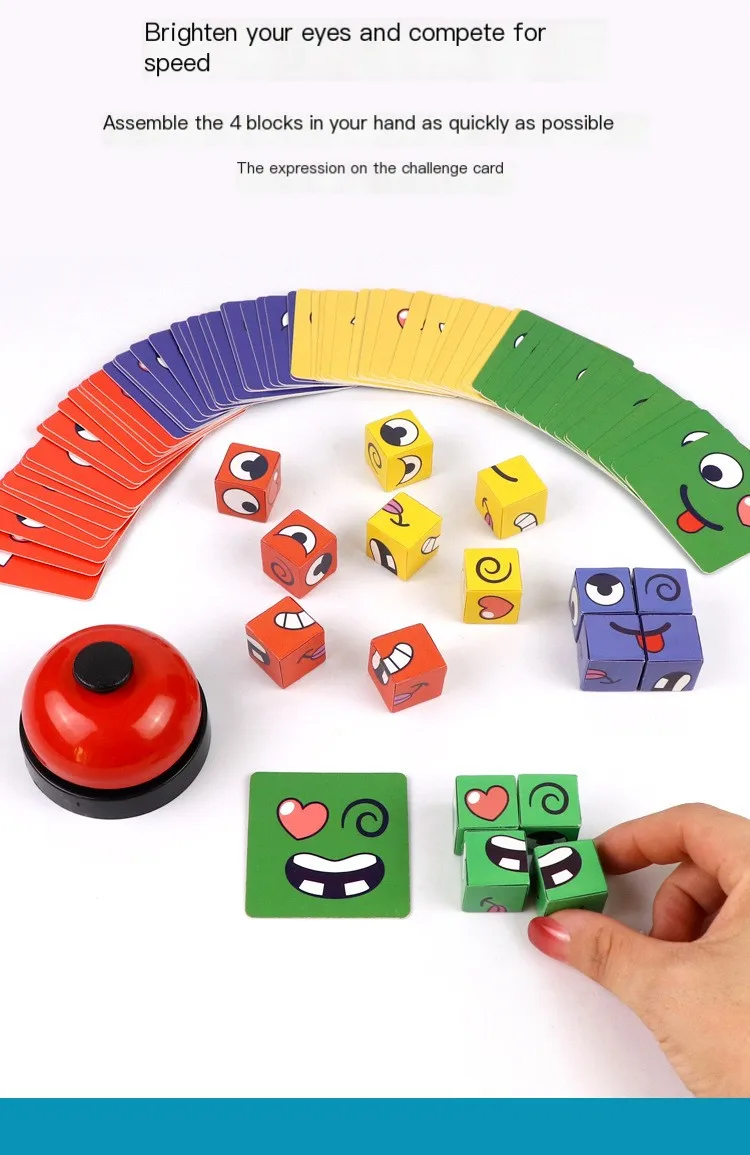 Wooden Building Blocks Face-Changing Jigsaw Puzzles Educational Learning Cubes Toy Set for Challenge with Ring Bell
