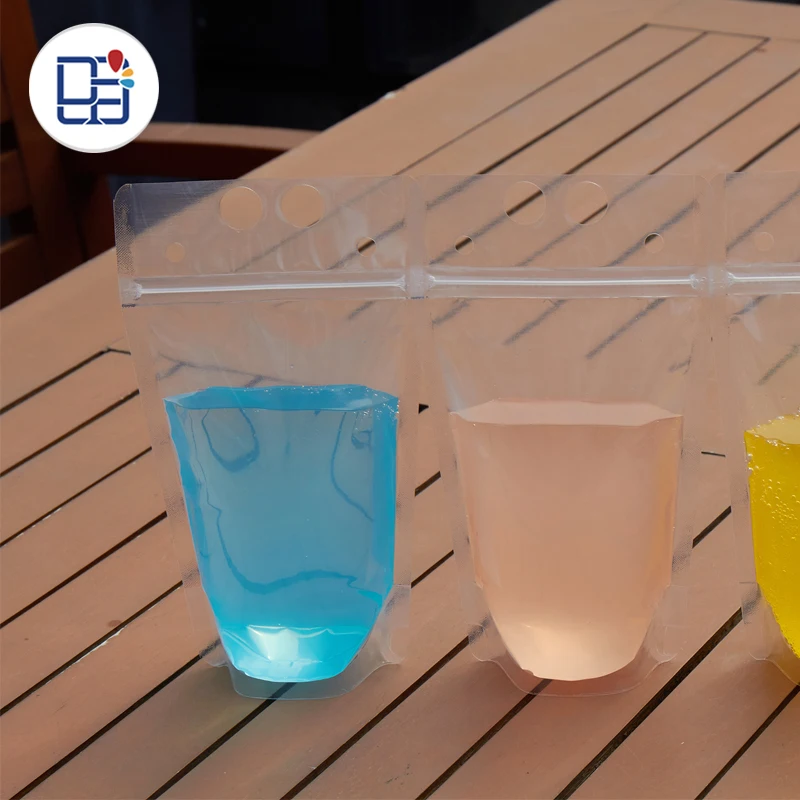 
Print Logo Self Standing Disposable Beverage Drink Juice Pouches Bags Plastic Food Packaging With Straws 