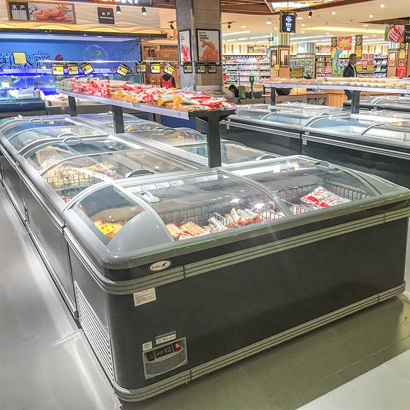 Supermarket refrigeration equipment large capacity meat display sliding glass door chest island freezer