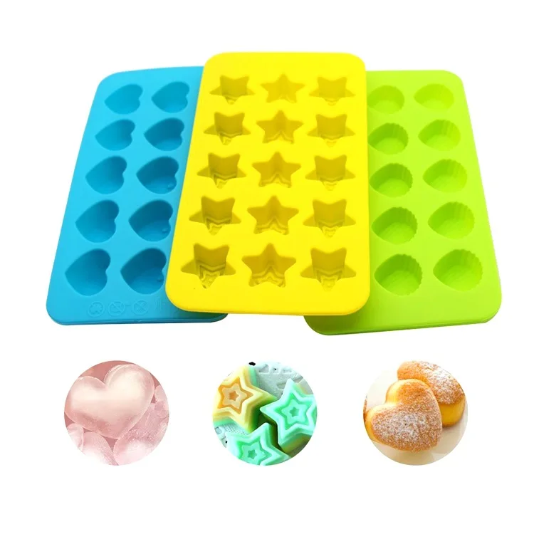 3-Pcak Nonstick Chocolate Gummy Hearts Stars Shells Baking Cake Silicone Candy Ice Cube Mold Tray For Cake Decoration Soap