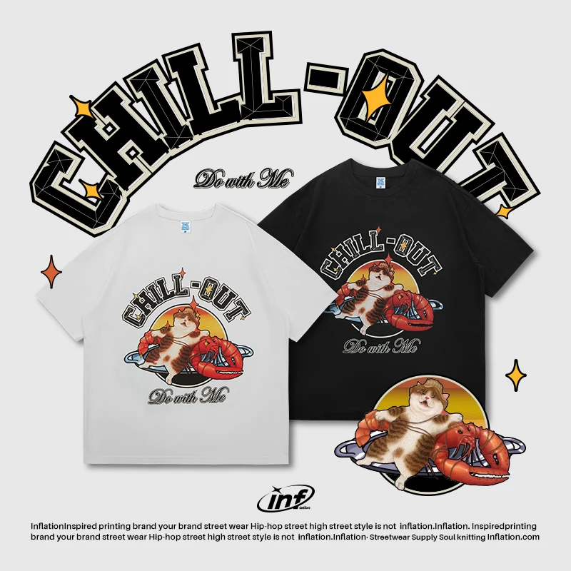 INFLATION 210G Hand-draw Funny Cat Printed Tshirt Men 16S Plus Size T-shirt