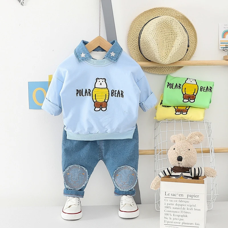 
2020 Comfortable spring bear cartoon cowboy collar two piece baby sets 