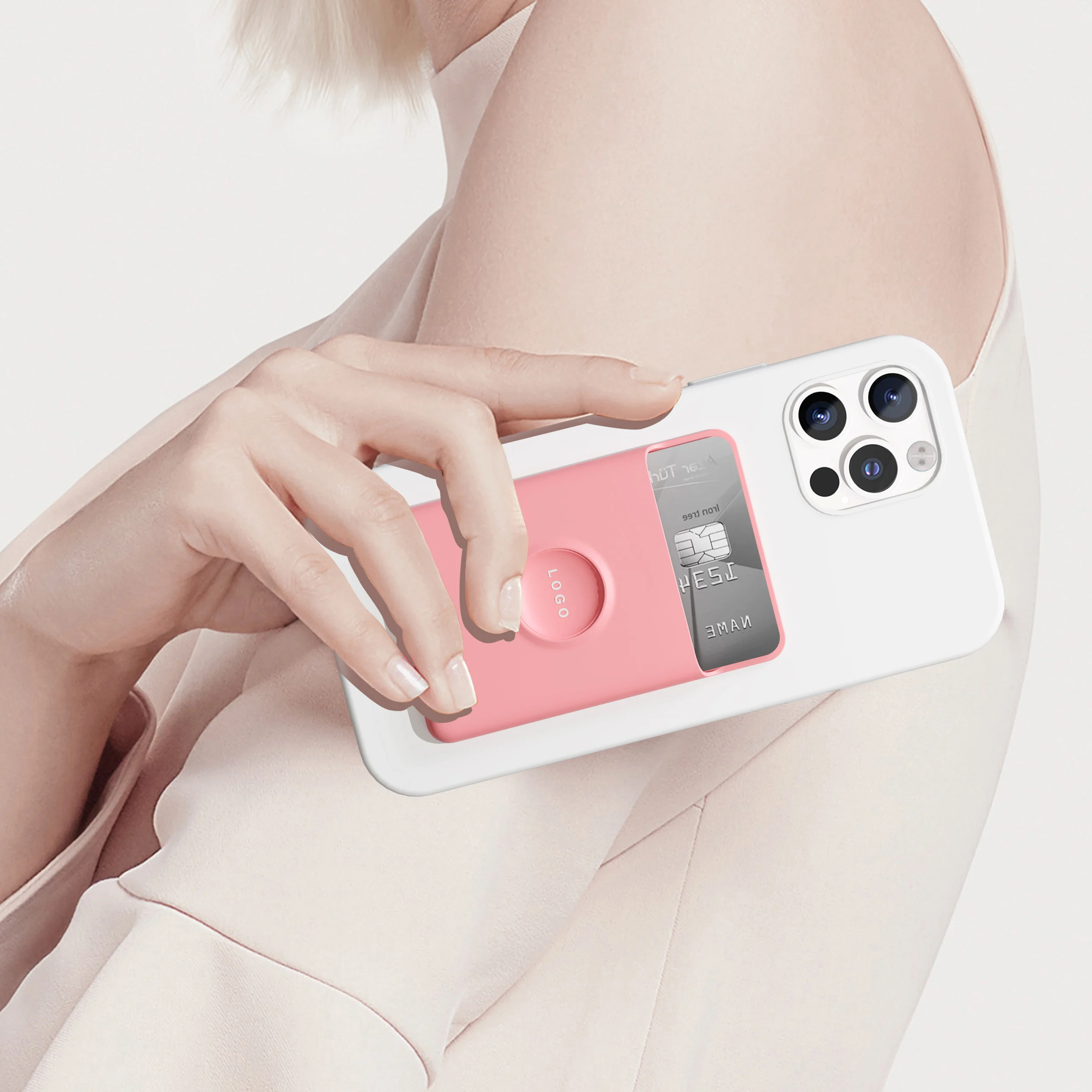 Promotional gift custom logo stick on phone back credit card holder anti fall designer ring 3M adhesive silicone wallet