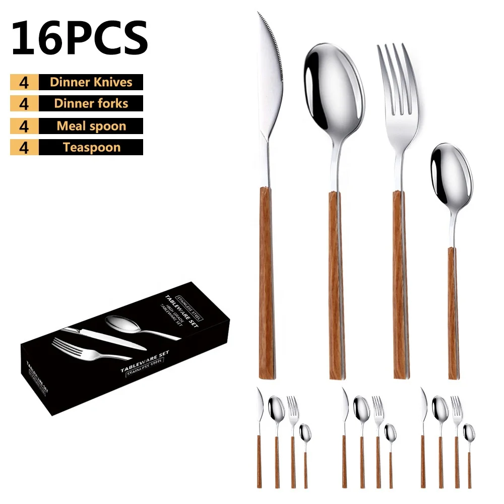 Japanese-style stainless steel tableware with handle of wood grain steak knife, fork and spoon  gift box  16 sets