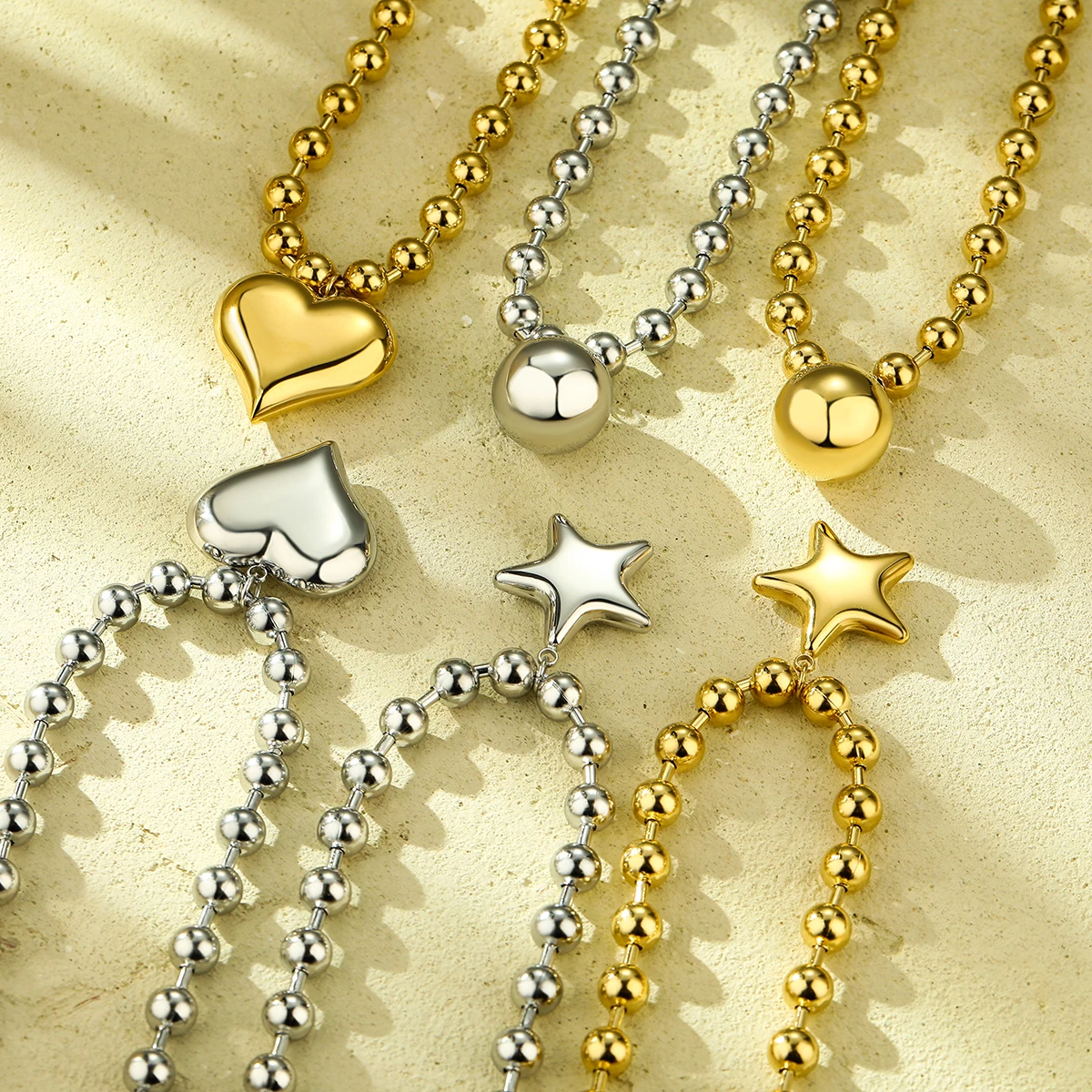 Waterproof Jewelry Women Stainless Steel Heart Star Ball Pendant Necklace 18K Gold Plated Beaded Chain Pendants Necklaces