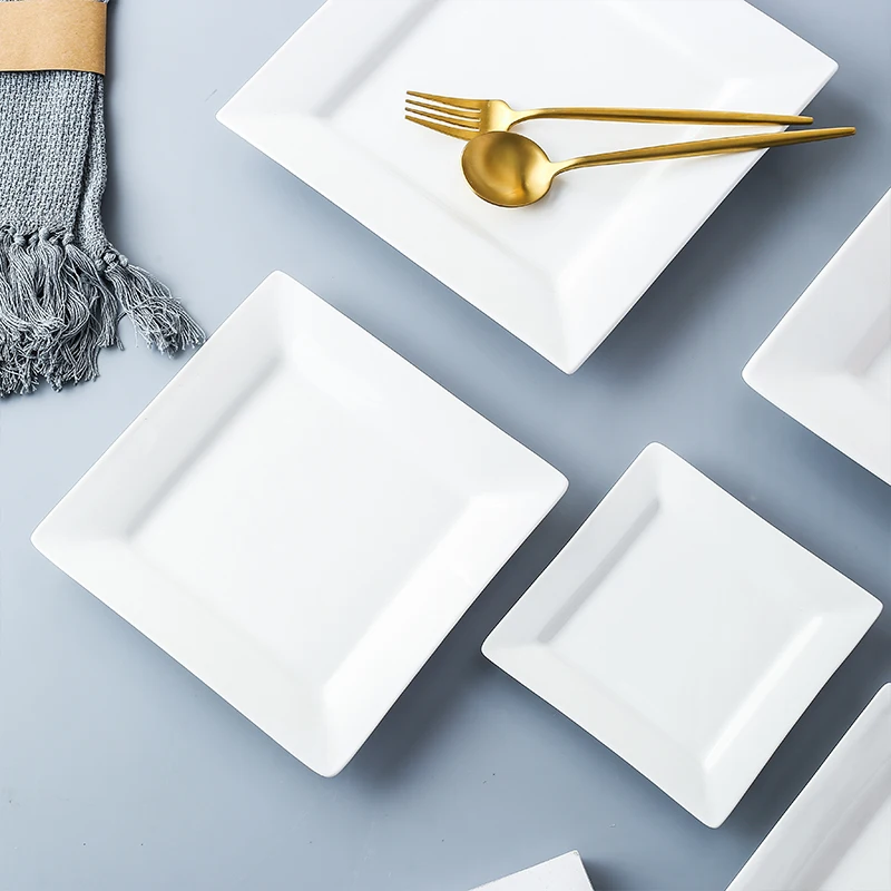 Pure White Ceramic Cuisine Square Pasta Tray Sushi Dinner Plate Household Bone China Tableware
