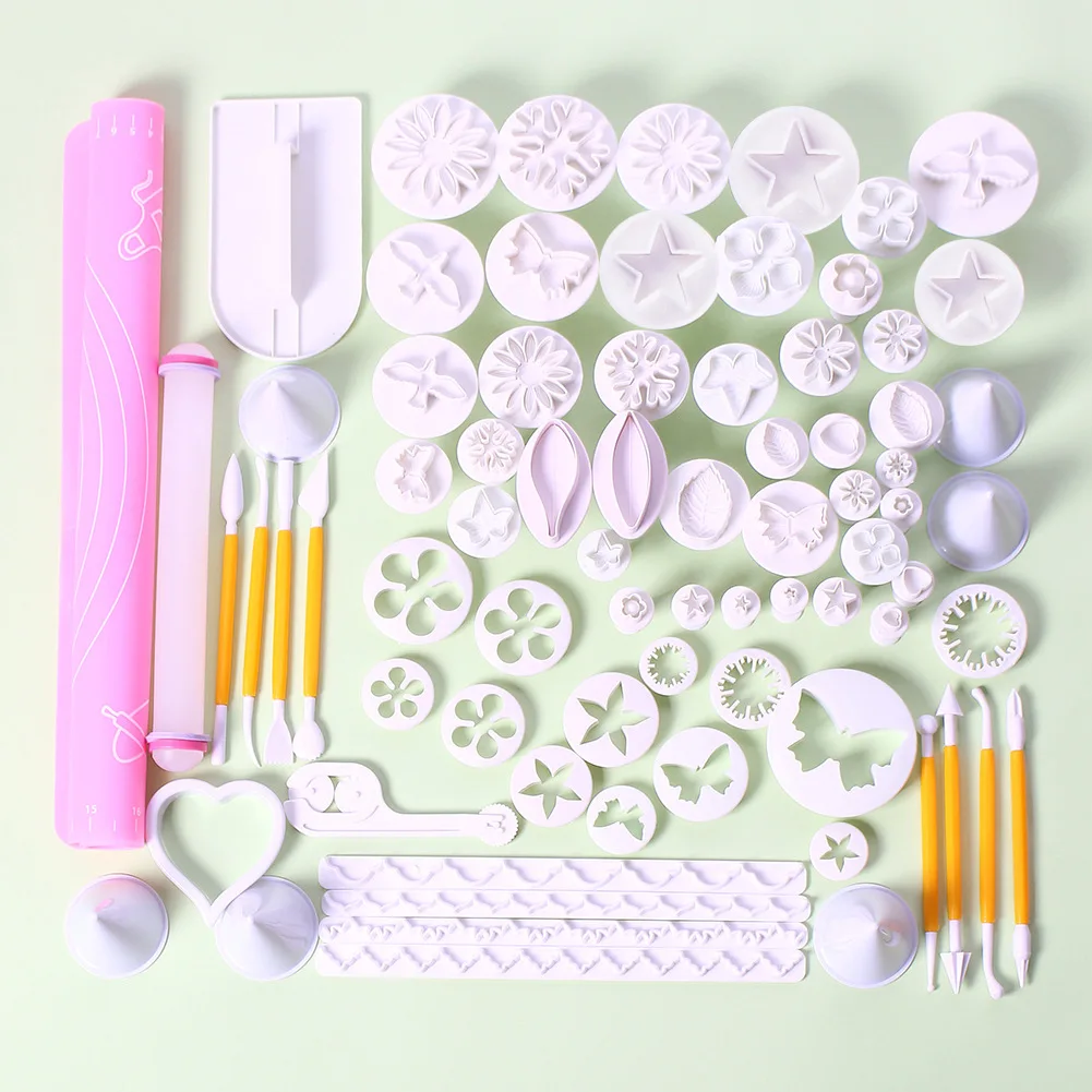 71Pcs Fondant Cake Decorating Modelling Set Rolling Pin Baking Mat Sugar Craft Plunger Tools DIY Cookie Cutters Molds