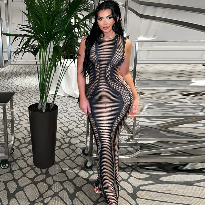 Женское облегающее платье макси без рукавов, длинное Привлекательное платье в полоску для выпускного вечера, лето 2022