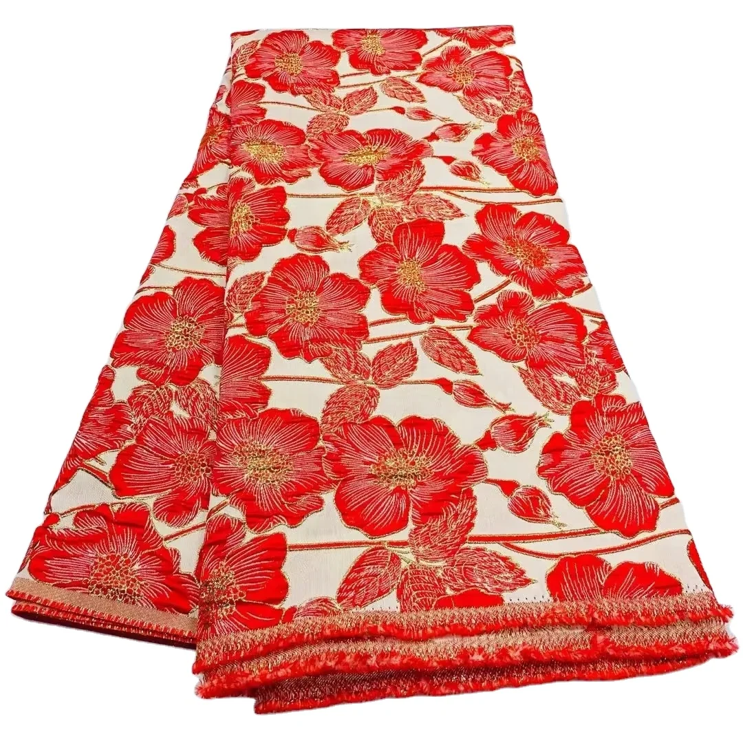 Queency HF African Ghana Red Brocade Fabric Jacquard Damask Organza  Fabric for African