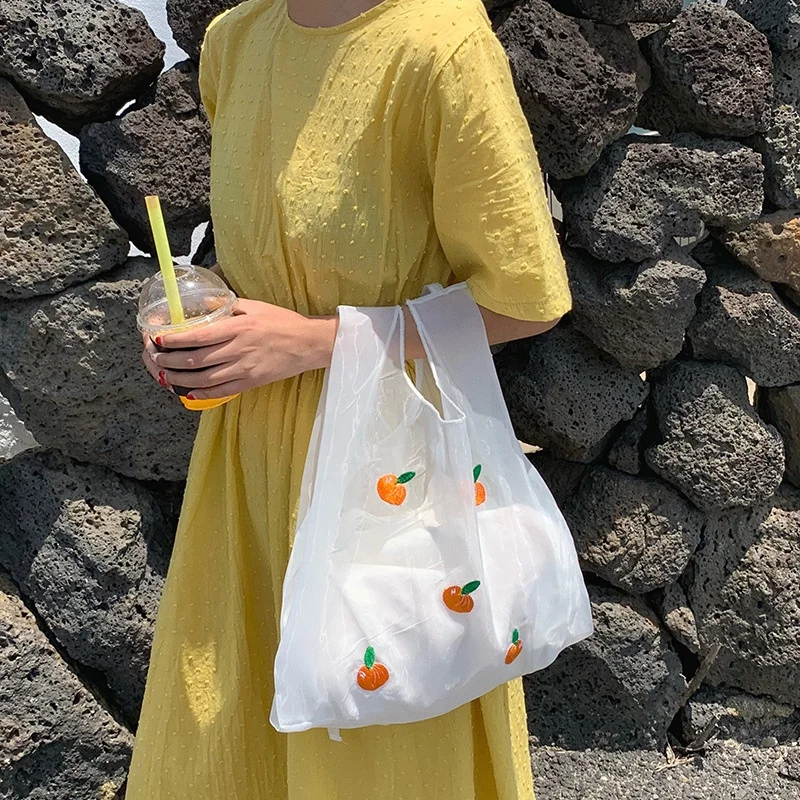 Fruit embroidery transparent organza cute ladies shopping handbag lightweight shoulder tote bags