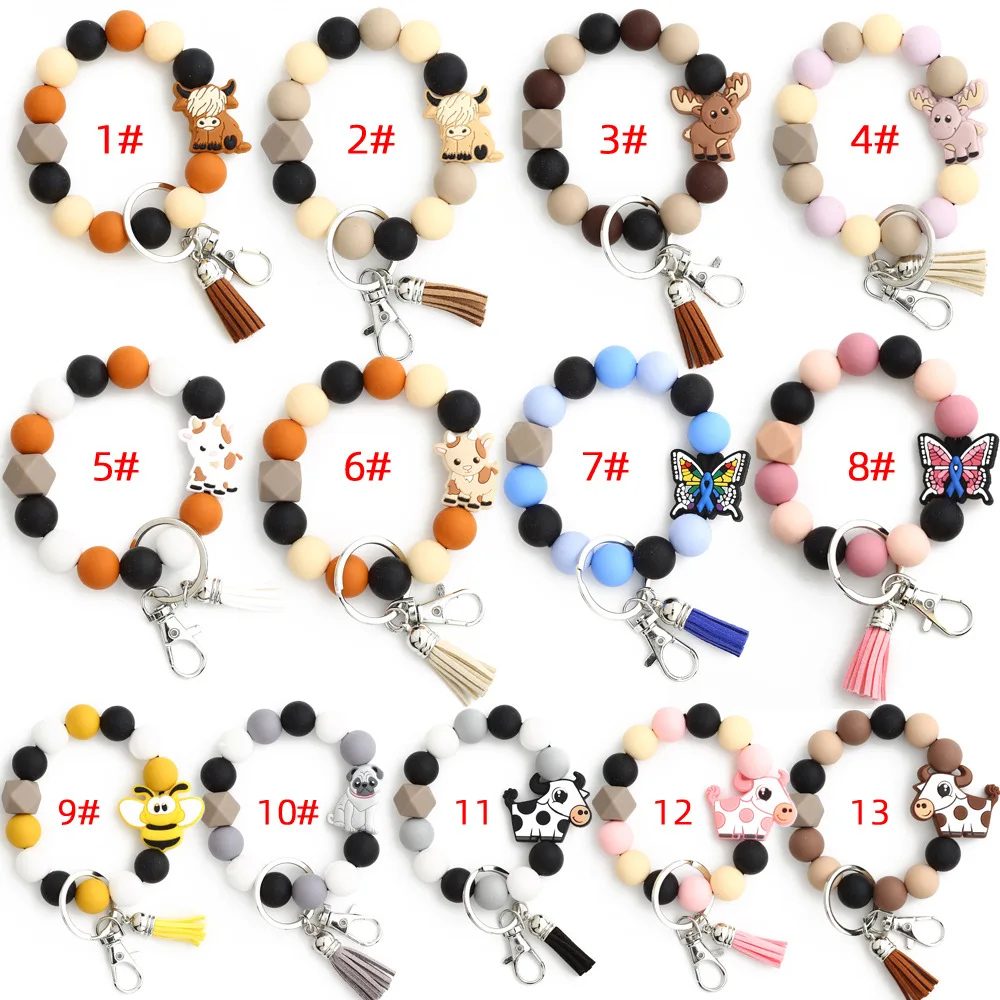 New Creative Cartoon Cow Elk Butterfly Wristlet Tassel Keychain For Girls Silicone Beads Bracelet Keychain Bag Pendant