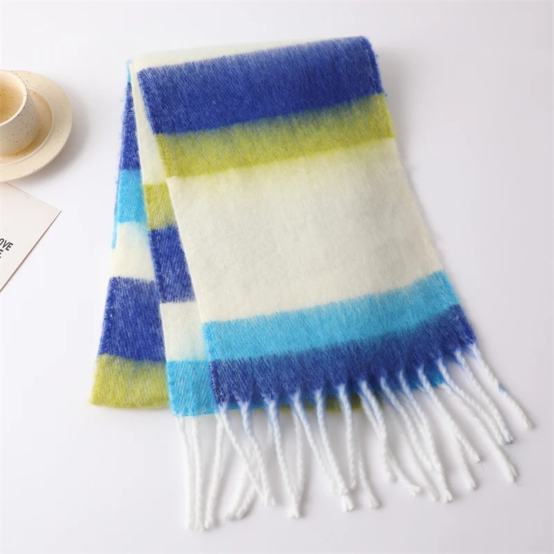 Fashion Thick Warm Scarf for Women Striped Print Long Imitate Cashmere Blanket Stoles Girls Rainbow Pashmina Bufanda With Tassel