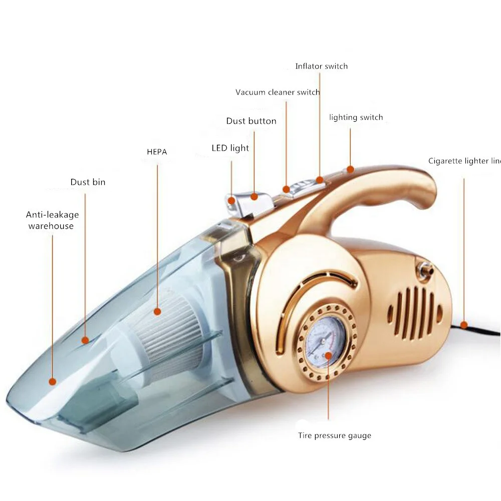 4-in-1 Tire Pressure Gauge Inflatable Pump Multifunction Car Vacuum Cleanr Air Pump Car Dry and Wet 12V Dust Collector