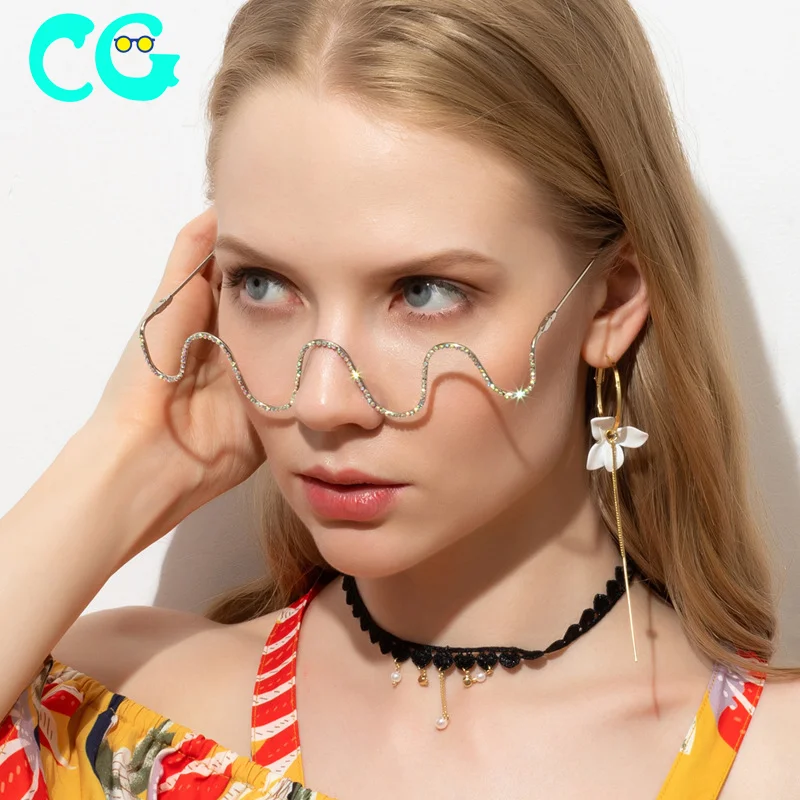 2020 New Stylish Ripple Half Frame Water Glasses Frame Women Female Diamond Ladies Shades Rhinestone Lensless Metallic Glasses