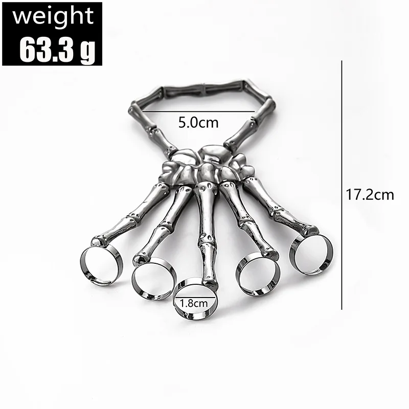 BELLEGIRL 2022 new design custom packaging finger rings Punk style skeleton hand bone adjustable five finger ring bracelet
