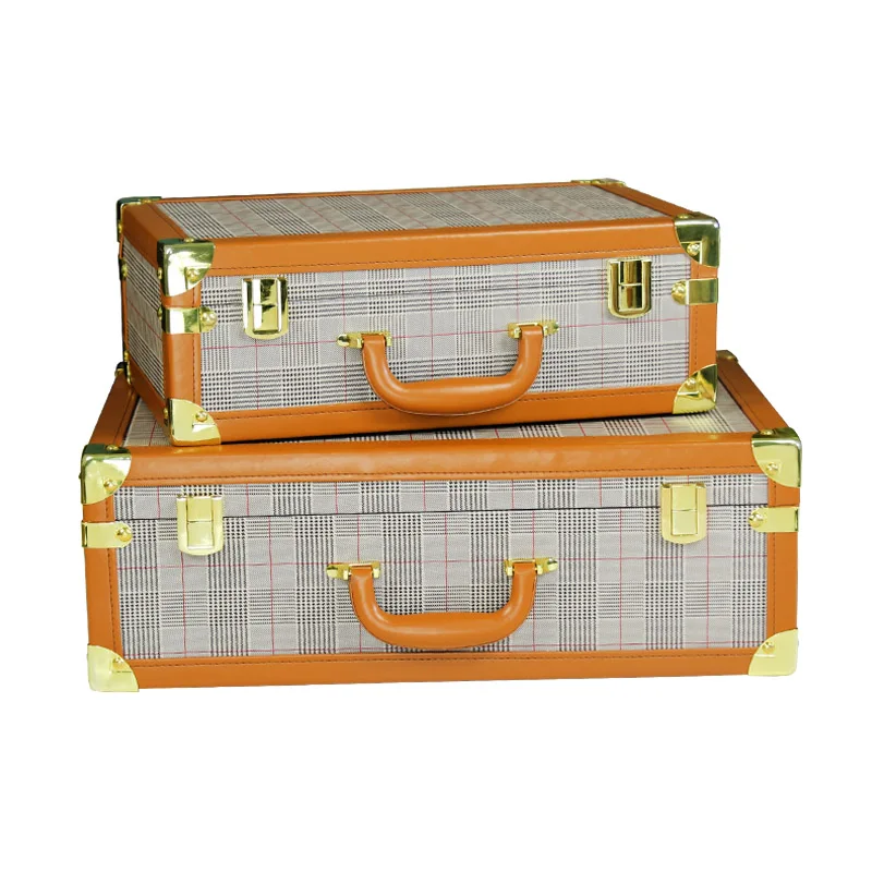 Decorative Wooden Storage Trunk Set of 3 Pu Suitcase Old-Fashioned Antique Luggage Box case with Handle