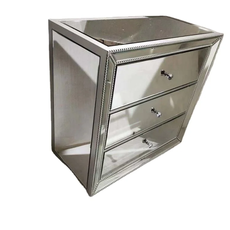 Hot Sale Beads Mirrored Nightstand  3 drawer chest bedside table  night stand Mirrored Side Board with beads