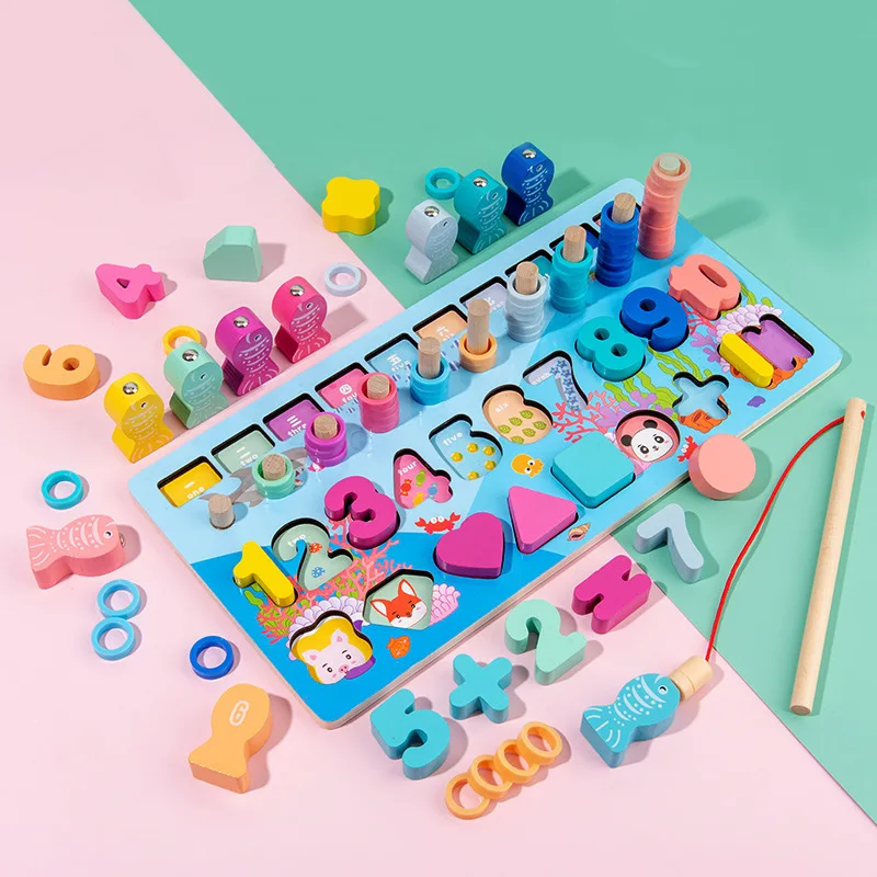 fishing wooden toy juguetes de madera montessori number letter puzzle math cross children toys  puzzle game magnetic blocks toy
