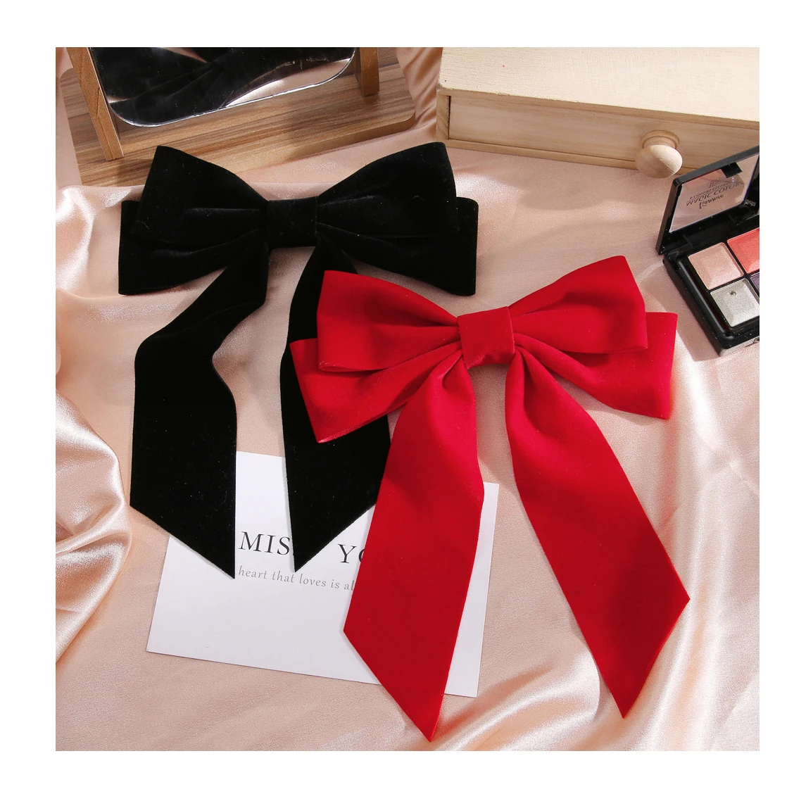 2022 new arrival Women Red Black Oversized  Big Long Velvet Hair Bows Clips For Girls