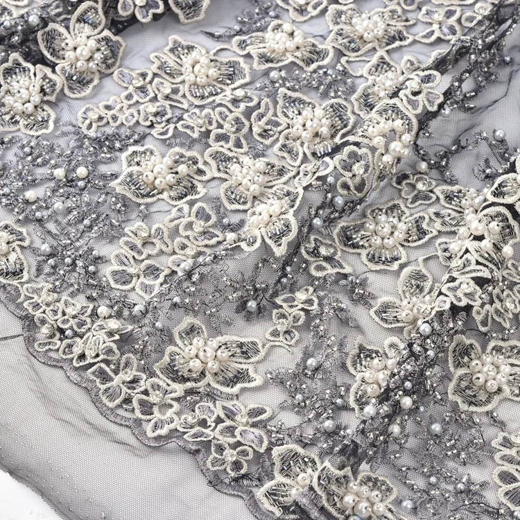 100% polyester bridal luxury beads sequins flower embroidery lace fabric for wedding