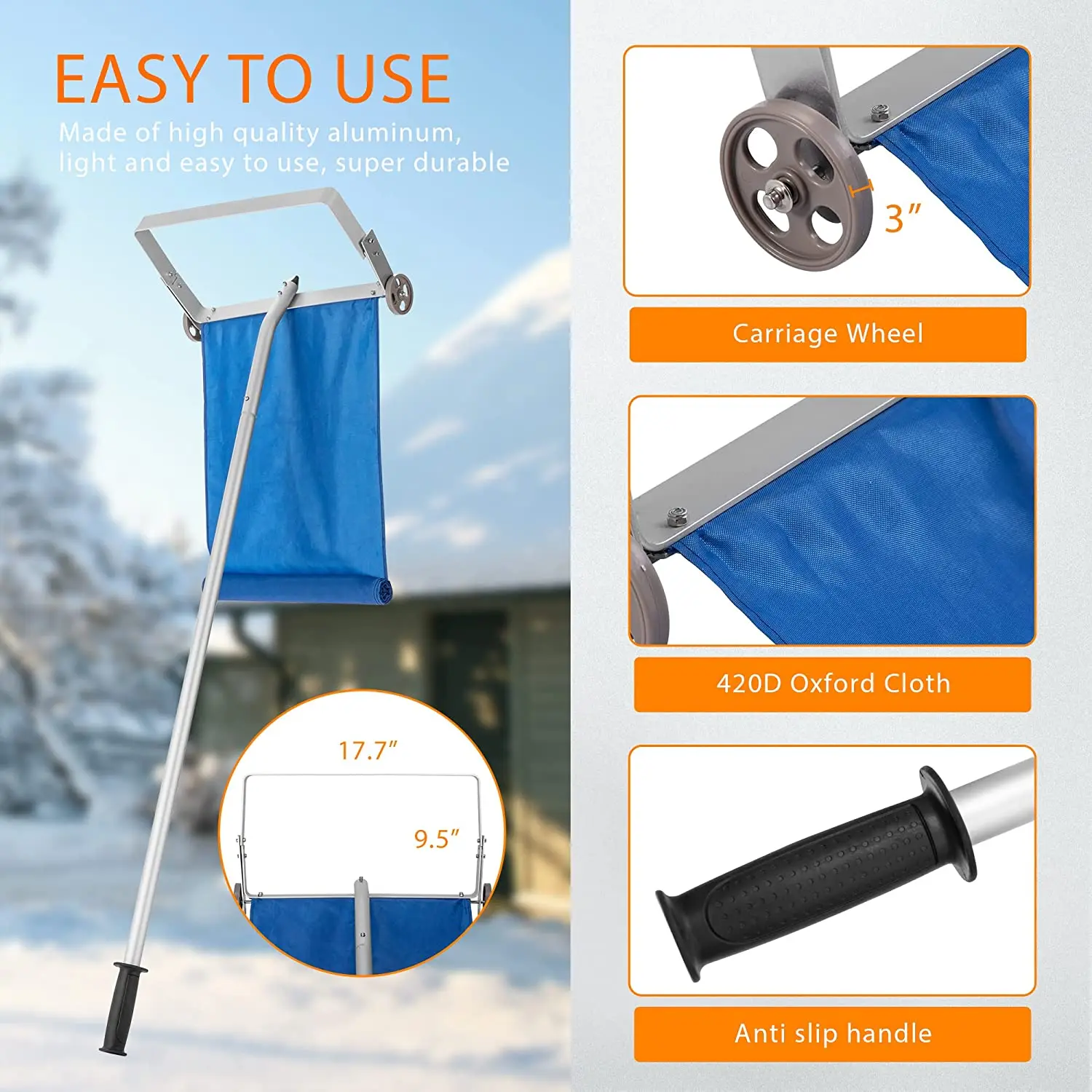 Snow Roof Rake Snow Removal Tool with Wheels and Adjustable Extended Handle