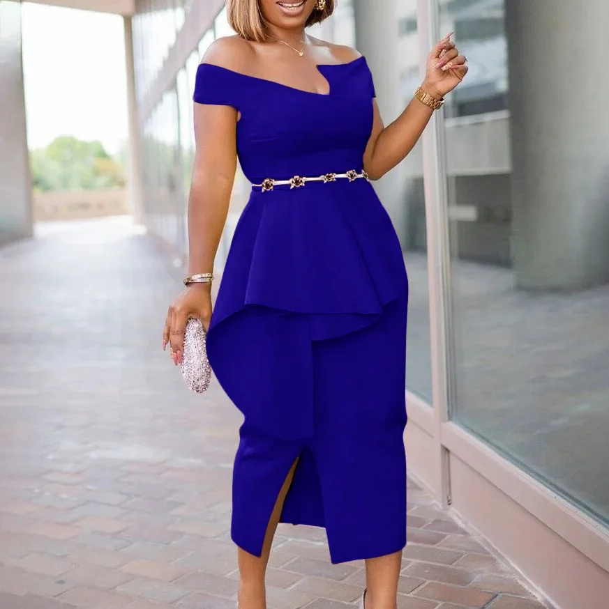 Newest solid color Strapless Large size African Irregular slit sexy slim evening dress