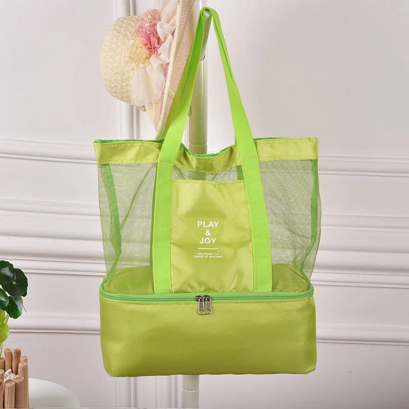 Fashion mesh shoulder bag Multi-functional hand bag mesh beach bag with cooler
