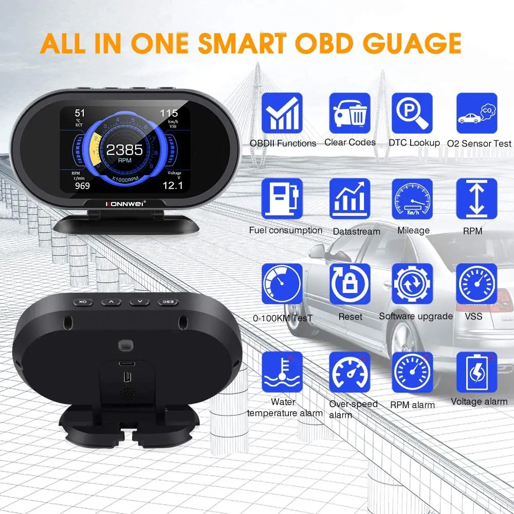 Автомобильный сканер HUD KONNWEI KW206 OBD2 с VSS RPM VOL ECT умная сигнализация
