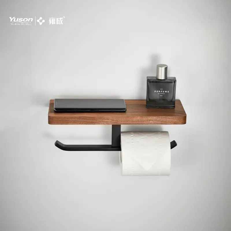 Yuson 21486DB Wooden Dual Paper Towel Toilet Paper Roll Holder Holder Wall-Mounted Tissue Paper Roll Holder With Phone Shelf