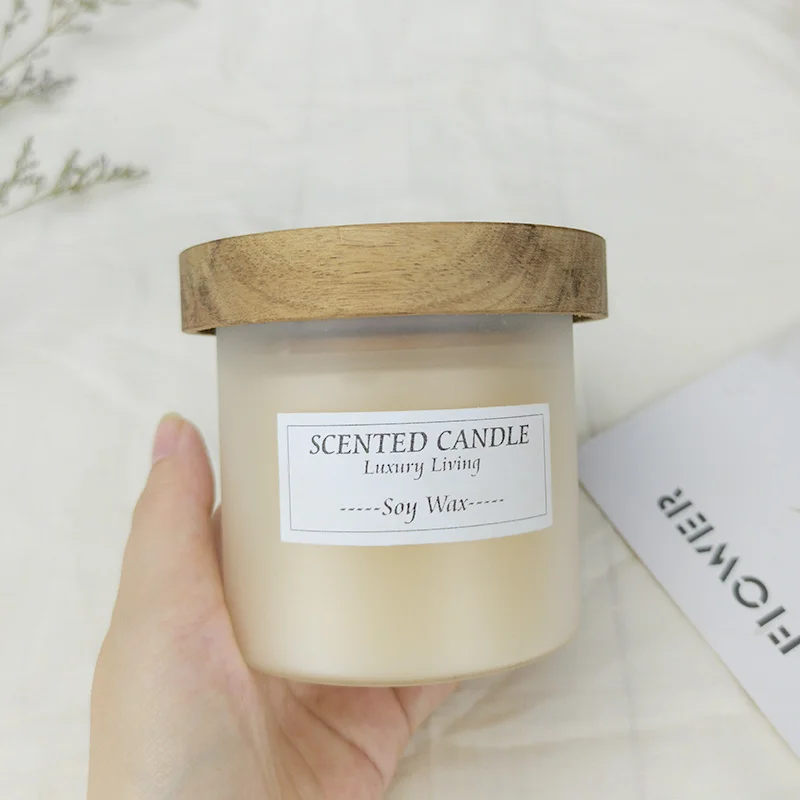 Customized elegant high end Empty unique 8oz frosted borosilicate glass candle jar with wooden lid