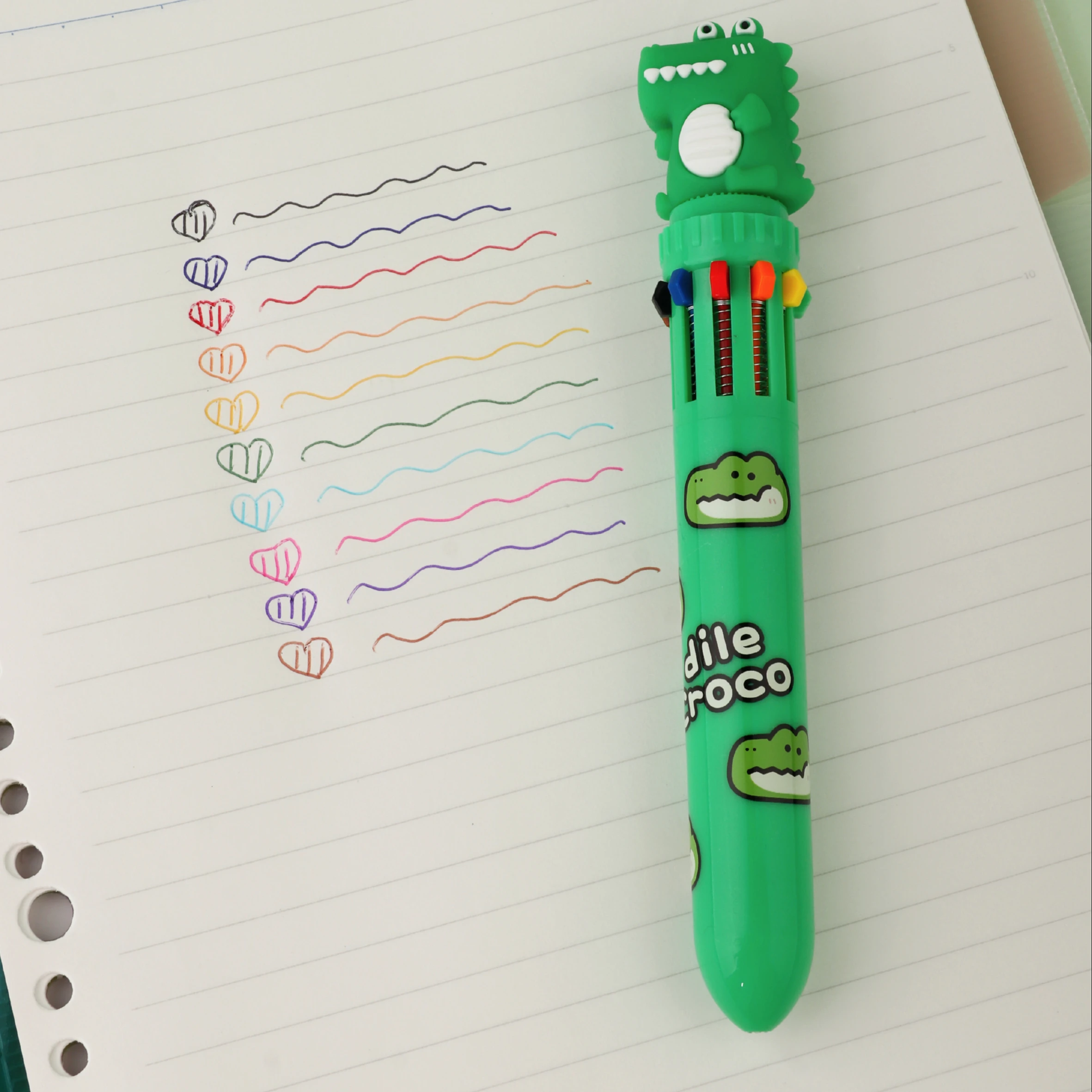 Kids kawaii cartoon green cute crocodile plastic multi 10 color ballpoint pen