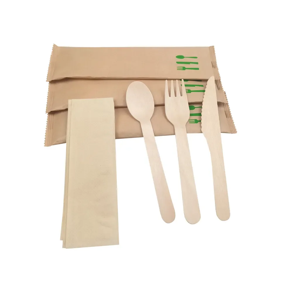 Eco Friendly Customized Logo Biodegradable Reusable Disposable Wooden Cutlery Set in Kraft Paper Pack