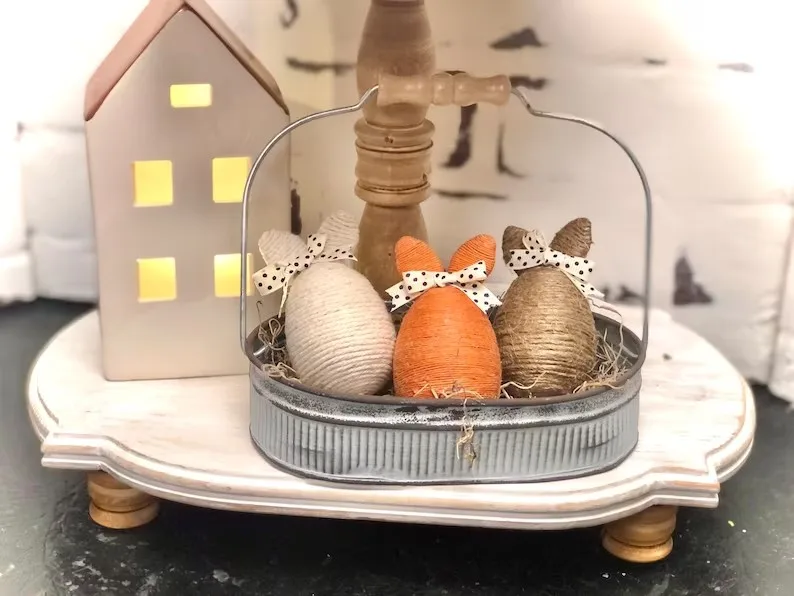 Metal iron tiered trays with handle Easter bunny eggs twine wrapped Easter eggs gift farmhouse rustic decoration