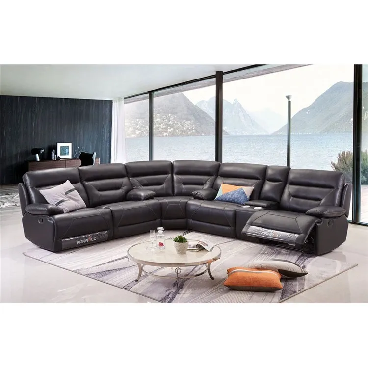 Full leather half leather u shape sofa 7 seater sectional couches manual recliner furnitures luxury