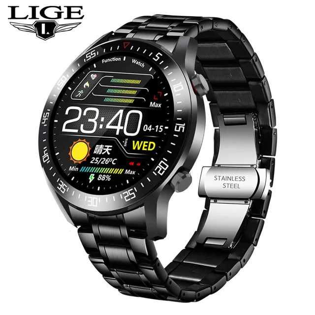 LIGE Digital Luxury Men Smart watches Full Circle Design Touch Screen Display IP68 Waterproof Fitness Sports Watch