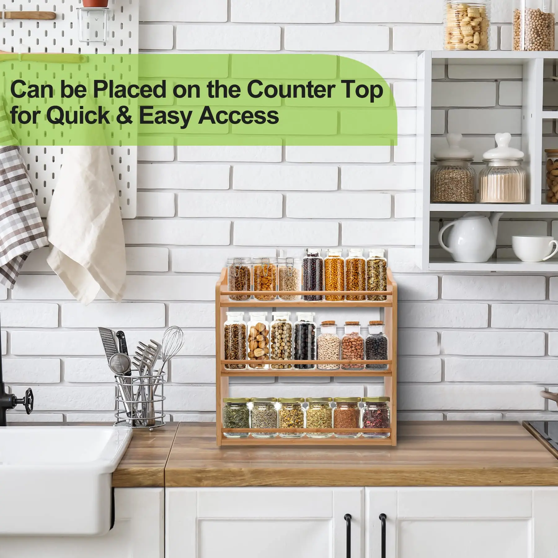 Custom Wood Spice Display Rack Standing Jar Seasoning Organizer 3 Tier Bamboo Shelf For Kitchen Cabinet Glass Jar Organizer