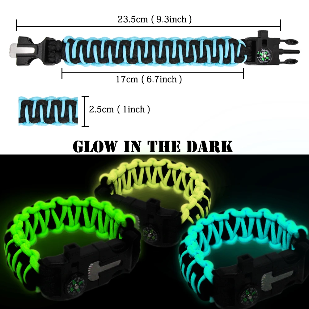 Camping Emergency Whistle fire starter  Parachute Cord Bracelet Glow in the Dark 550 Paracord Survival Bracelet