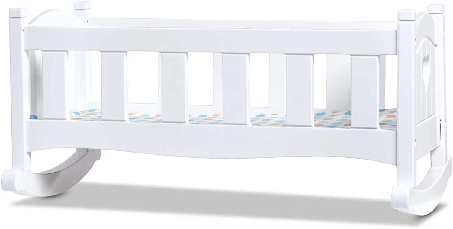 White wooden rocking play cradle for dolls and stuffed animals up to 20 inches tall