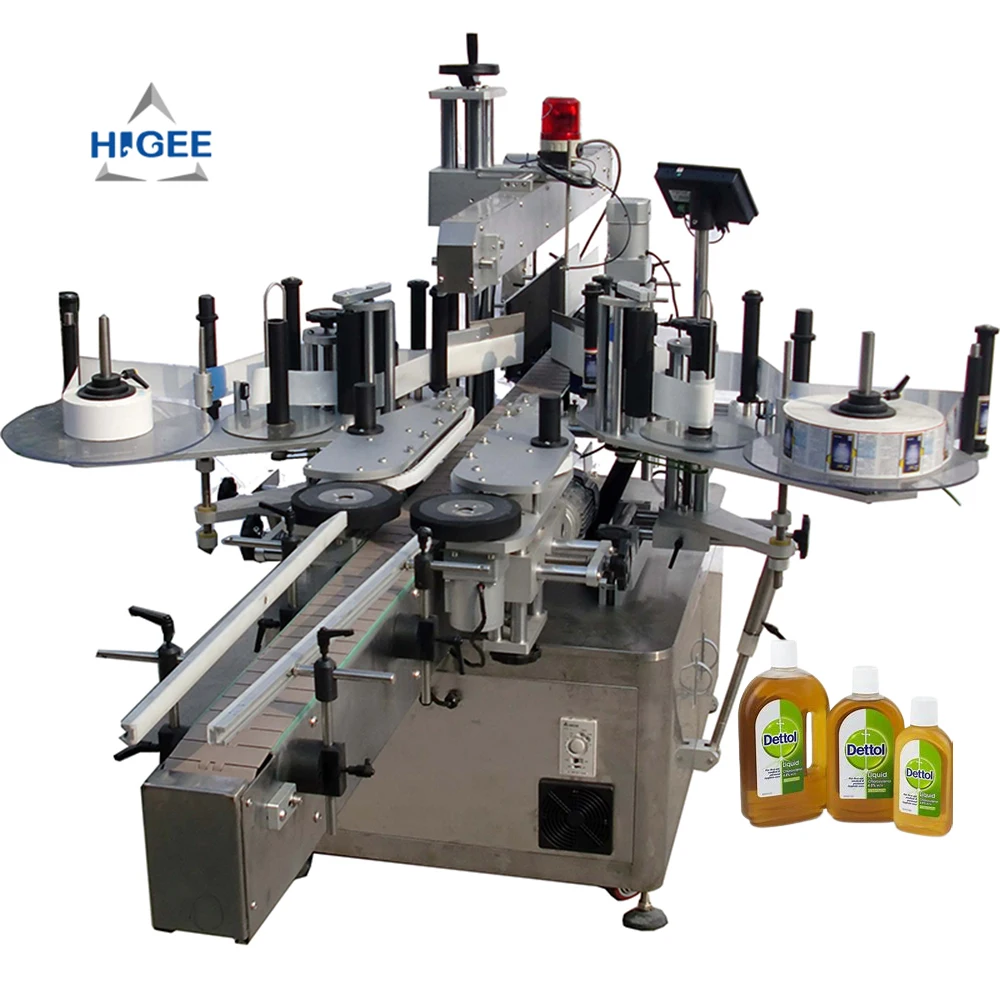 Higee germicide bottle automatic label applicator two sides square bottle plastic labeling machine
