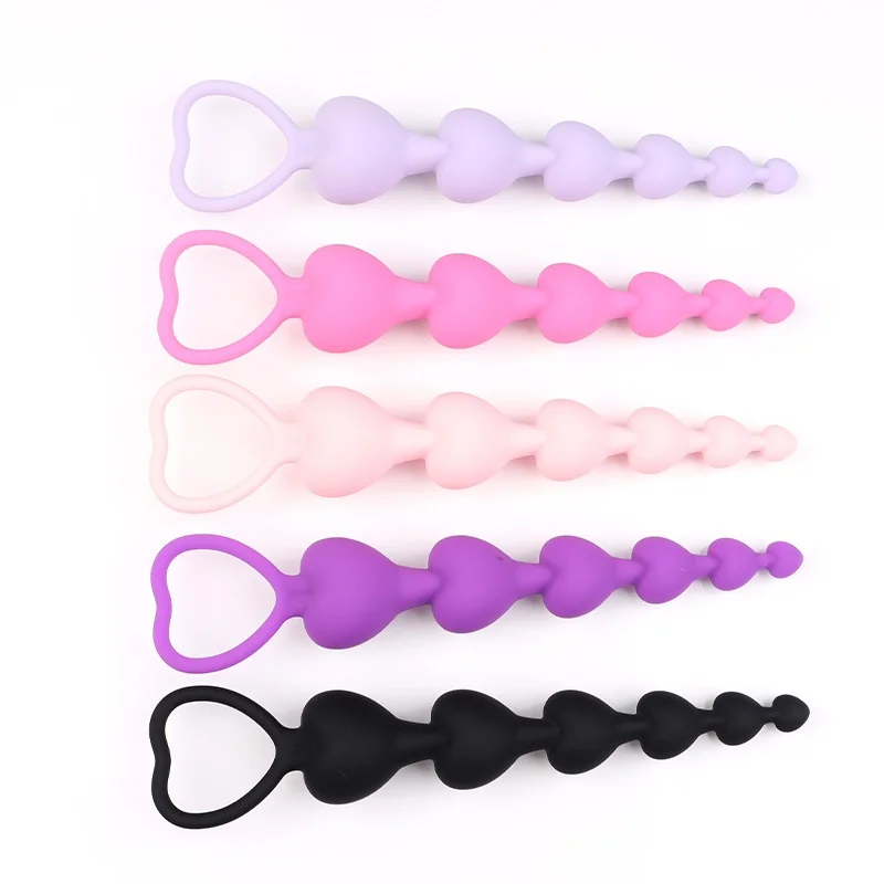 Silicone Heart-Shape Anal Plug with Metal Bead SM Toy for Anal Expansion & Masturbation Adult Sex Product