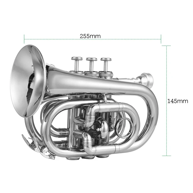 Bb Trumpet Mini Pocket Trumpet with Mouthpiece Carry Bag Gloves Cleaning Cloth Brass Instrument