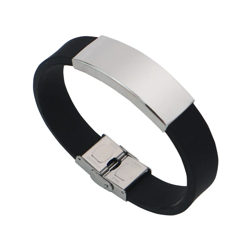 Eco Friendly Customizable Wristband Adjustable Belted Bangles Soft Rubber Silicone And Stainless Steel Letter Charm Bracelet Men