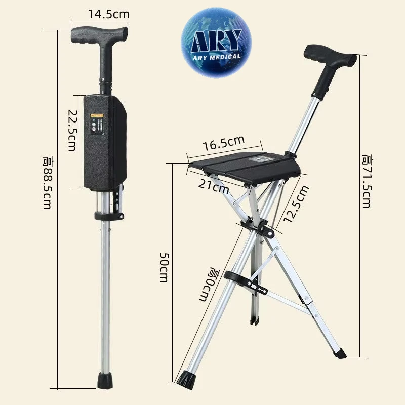 Lightweight Electric Foldable Folding Three Legs Cane Elderly Walking Stick With Seat Stool Open the with One