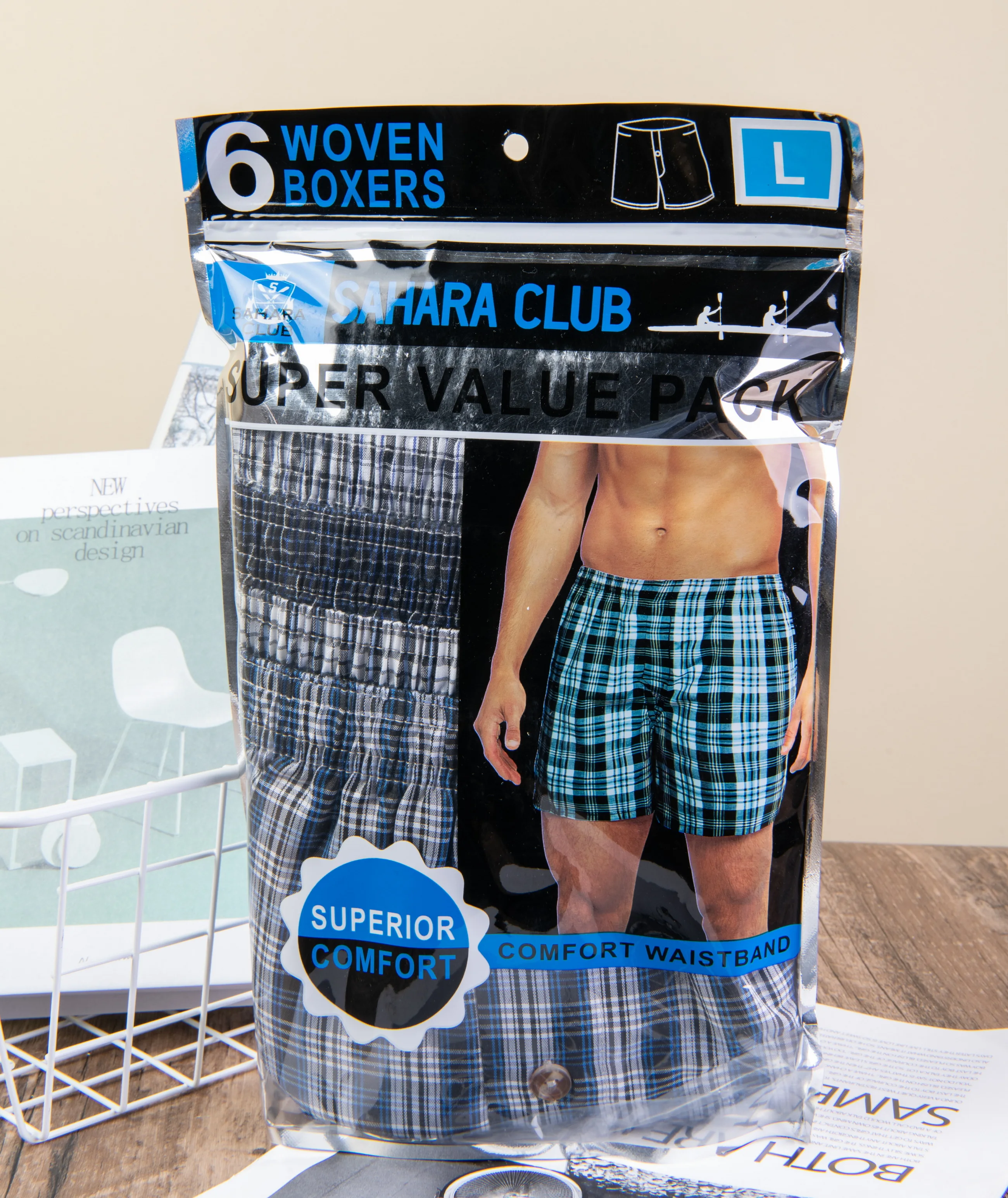 Wholesale 6 in 1 Pack Loose Button Mens Boxer Shorts Underwear OEM Cheap Plaid Checks Polyester Woven Boxer Shorts for Men