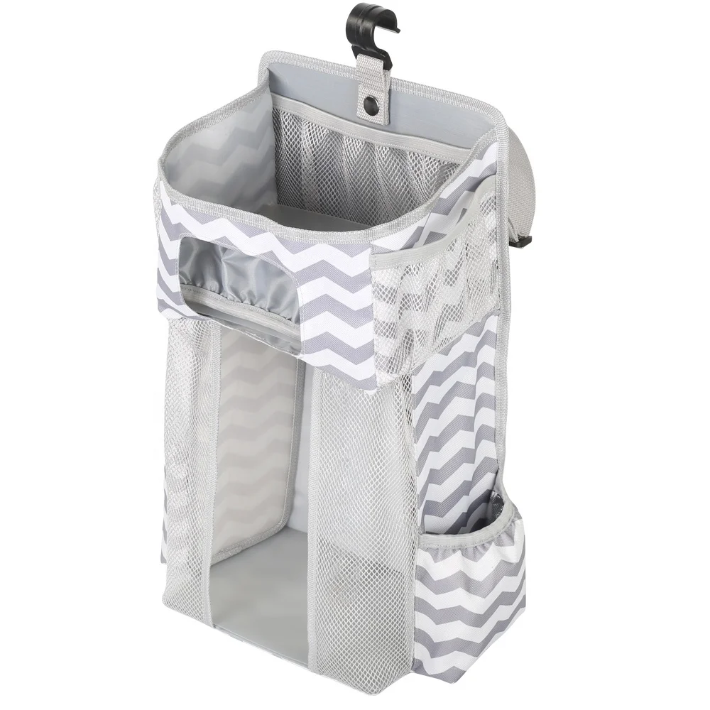 Latest New Gary Striped Oxford Cloth Pp Board Baby Hanging Baby Nursery Bedside Organizer With Mesh Bag