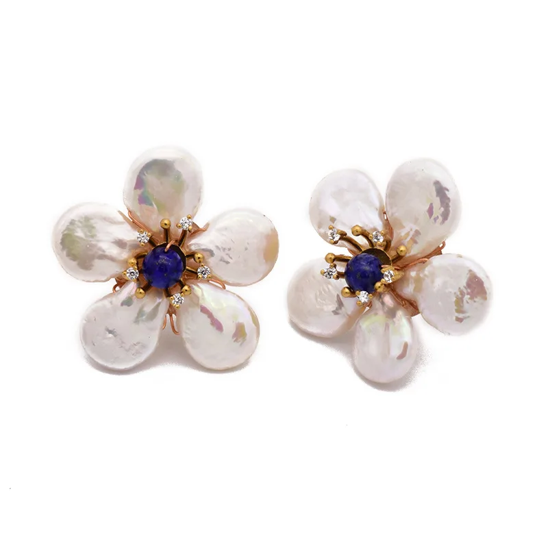 Aimgal fine jewelry S925 silver ear pins Gold Plated Natural fresh water baroque pearl  flower earrings