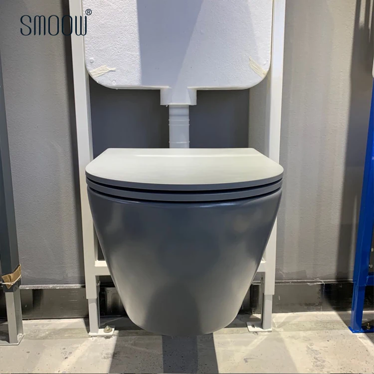 Wall Hanging Toilet Grey Modern One Piece Matt Color Wall Hung Toilet Ceramic Wall Mounted Bathroom 1 Set Flush Pipe Component
