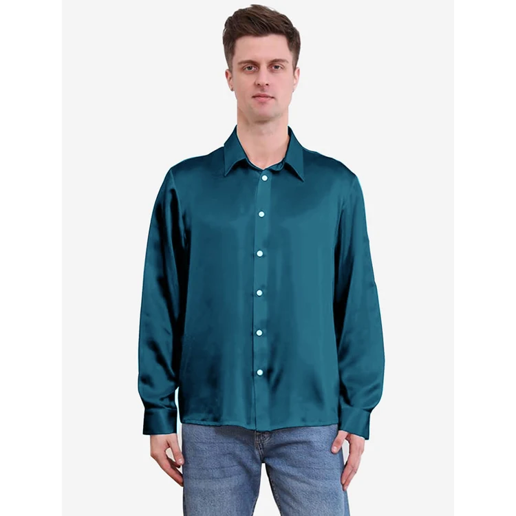 High quality luxury 100% mulberry silk shirt men custom logo business top silk shawls mens silk shirt